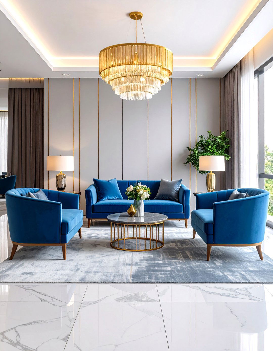 Luxury Hotel Blue Velvet and Marble Grey Suite - 24 Blue and Grey Living Room Ideas