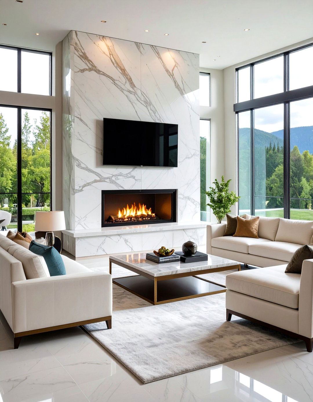 Luxury Marble Surround Peninsula - 24 3 Sided Fireplace Ideas