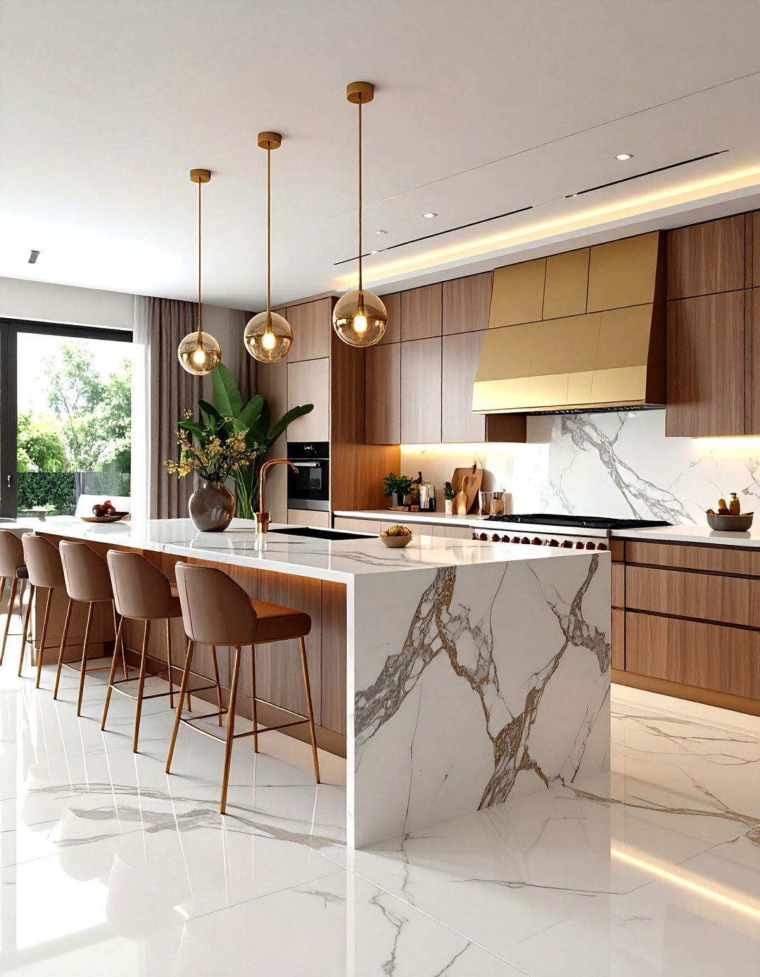 Luxury Peninsula with Marble Waterfall Island - 24 Kitchen Peninsula Ideas