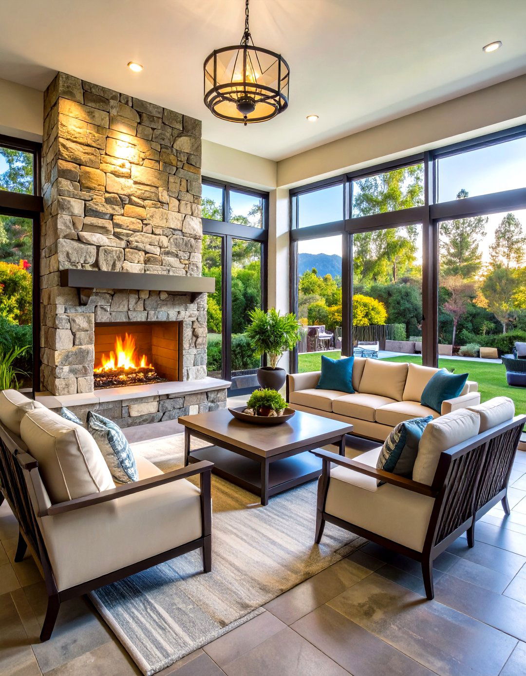 Luxury Resort Style Fireplace - 24 Sunroom With Fireplace Ideas