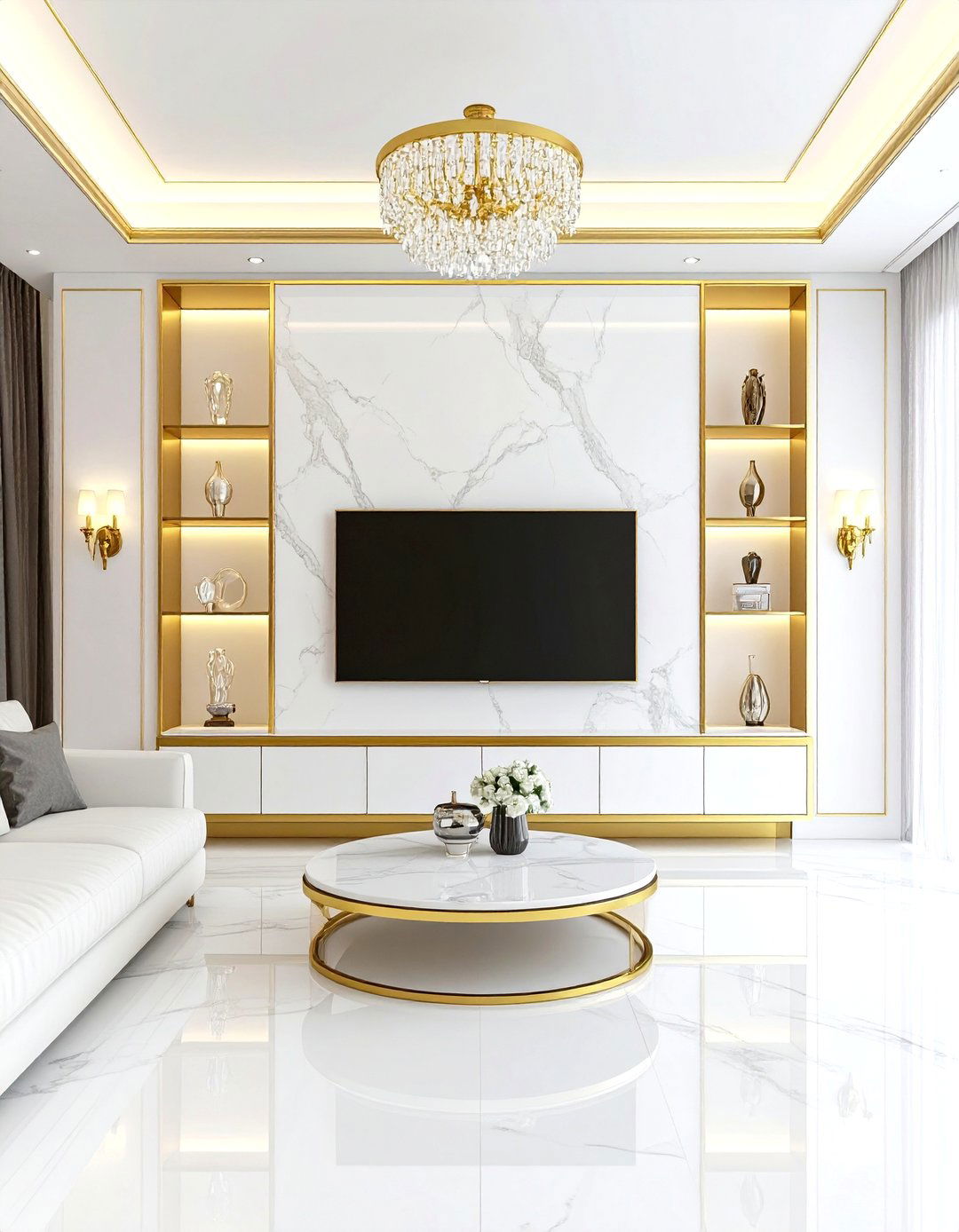 Luxury TV Wall with Marble and Gold Accents - 24 Tv Wall Ideas