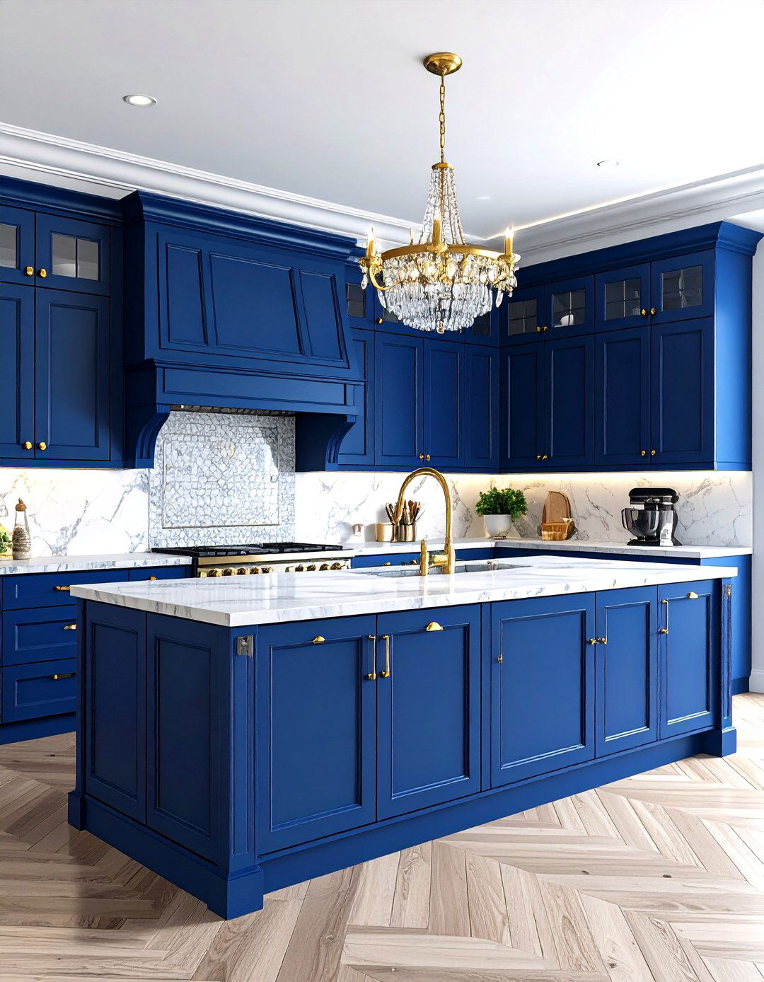 Luxury Traditional with Prussian Blue Cabinets - 24 blue kitchen cabinets with gold hardware