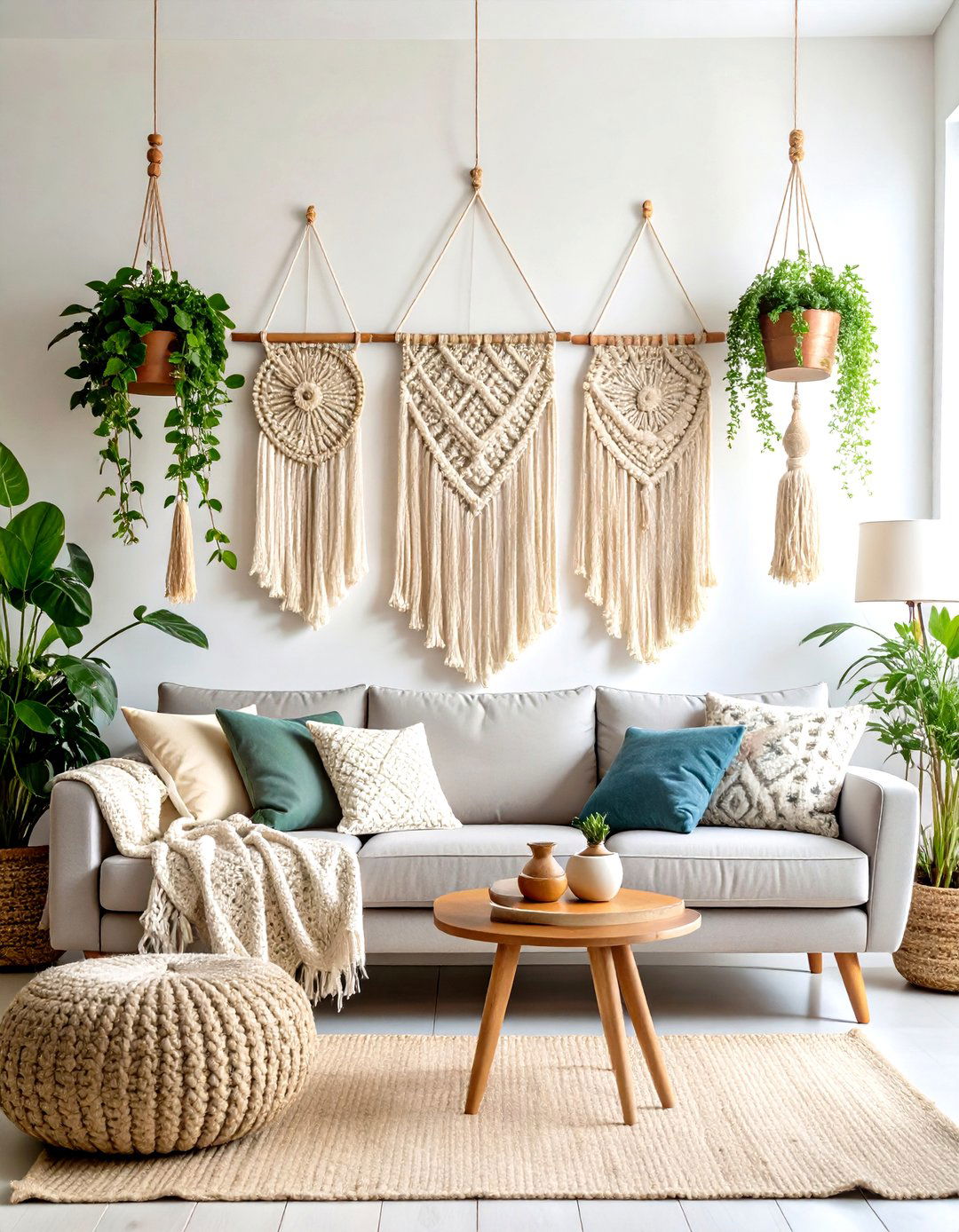 Macrame Living Room Wall Feature - 24 Boho Farmhouse Decor Ideas