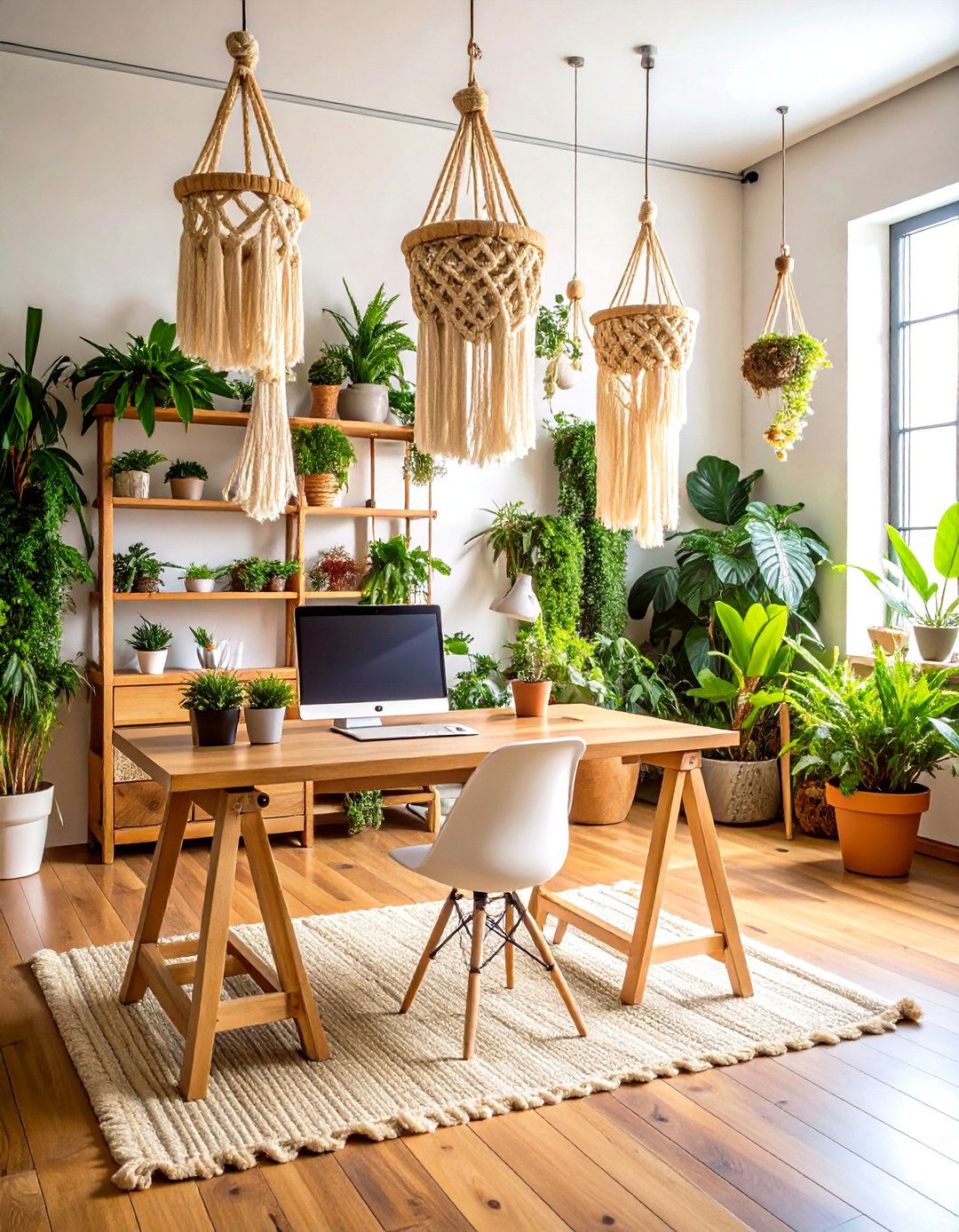 Macrame Plant Hanger Paradise - 24 Bohemian Home Office Ideas