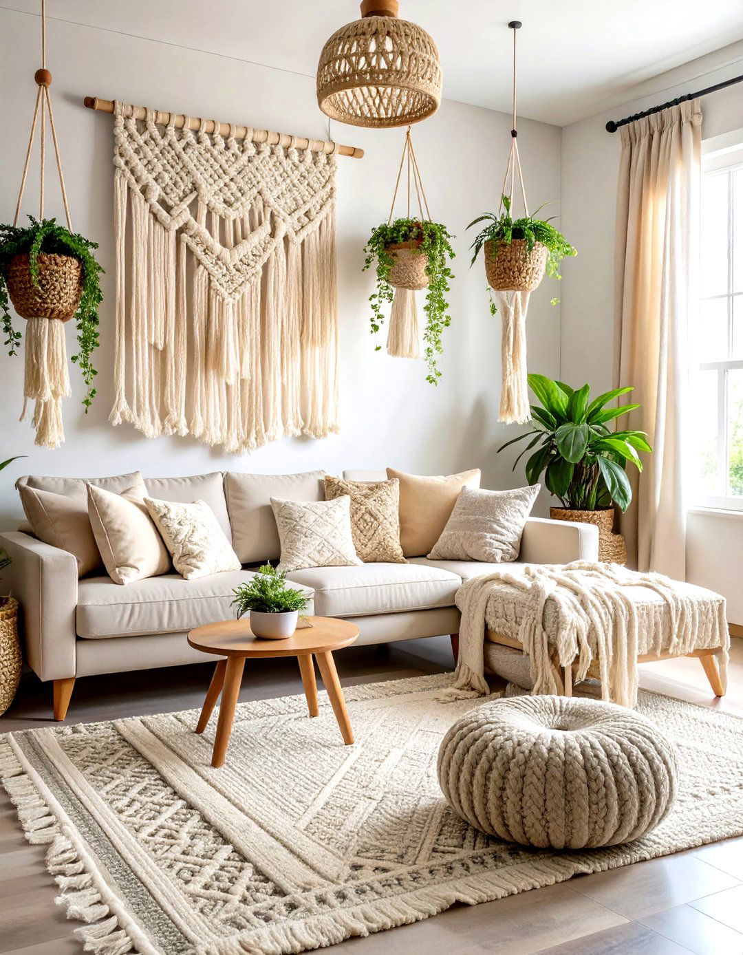 Macrame Wall Art Gallery Living Room - 24 Neutral Boho Living Room Ideas