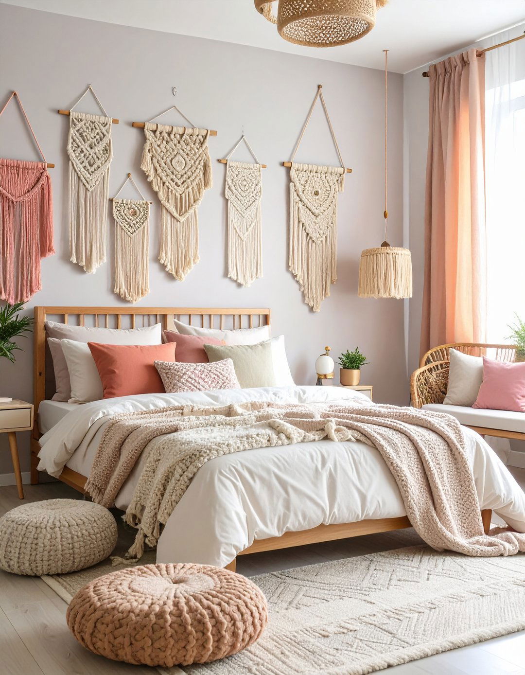 Macrame Wall Art Gallery with Pink Accents - 24 Pink Boho Bedroom Ideas