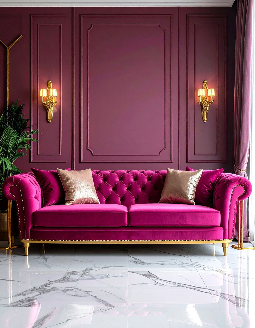 Magenta Pink Sofa in Art Deco Luxury - 24 Pink Couch Living Room Ideas