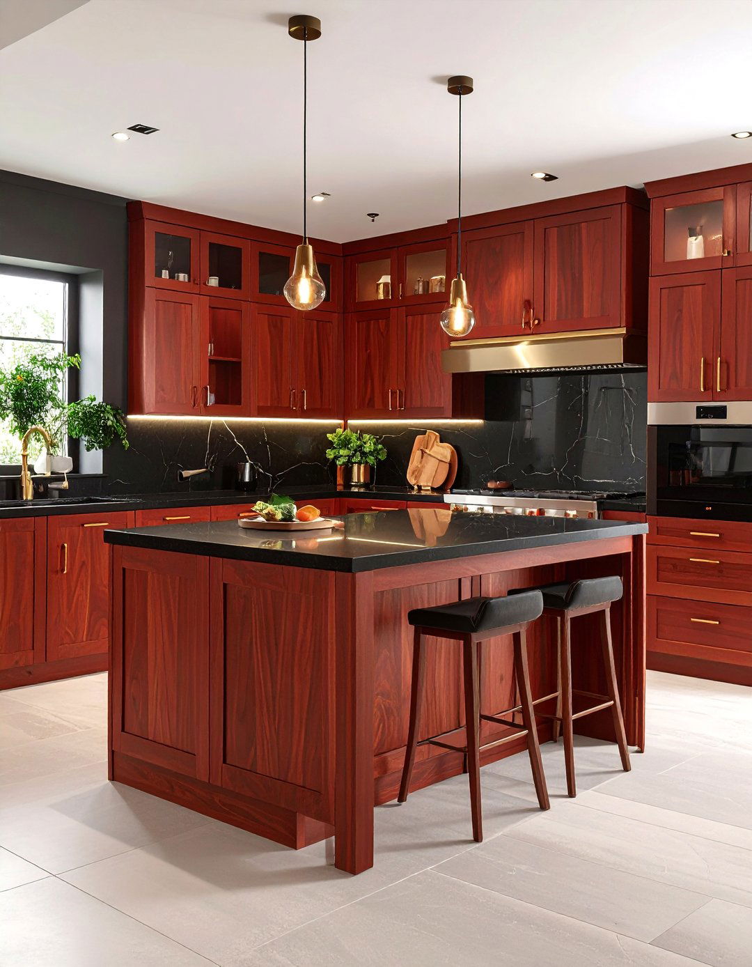 Mahogany Cabinets with Black Quartz Countertops - 24 Black and Brown Kitchen Ideas
