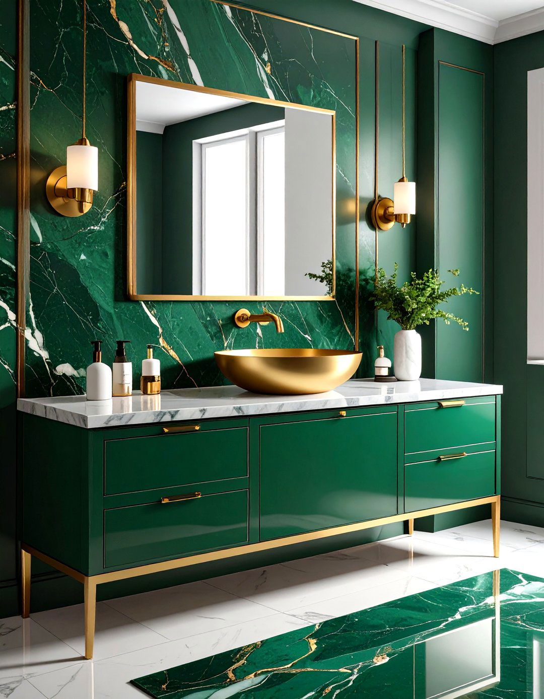 Malachite Green Marble Vanity Top with Gold Vessel Sink - 24 Green and Gold Bathroom Ideas