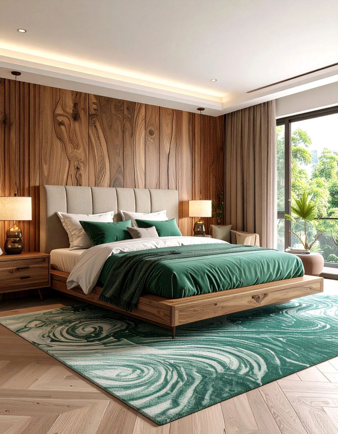Malachite Green Patterns with Warm Brown Wood Grains - 24 Green and Brown Bedroom Ideas