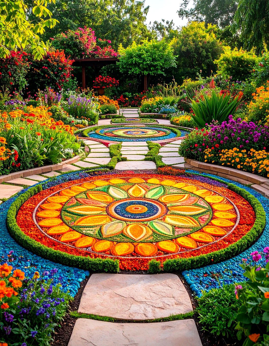 Mandala Garden Design with Multiple Connected Circles - 24 Round Garden Bed Ideas