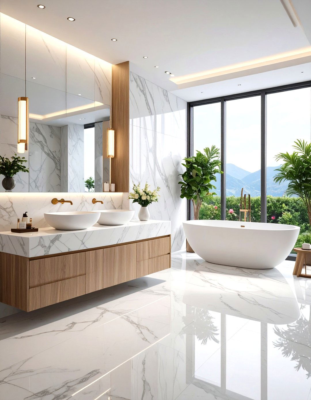 Marble Bathroom with Waterfall Edge Countertops - 24 Modern Bathroom Ideas