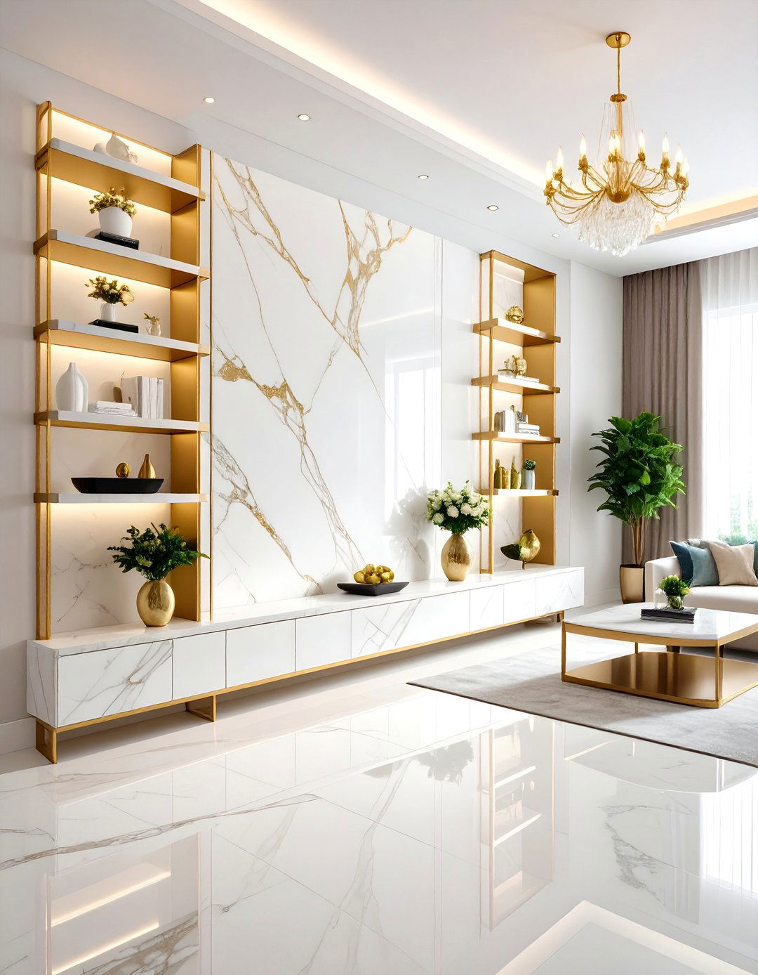 Marble Floating Shelves with Gold Veining - 24 Fireplace Floating Shelves Design Ideas