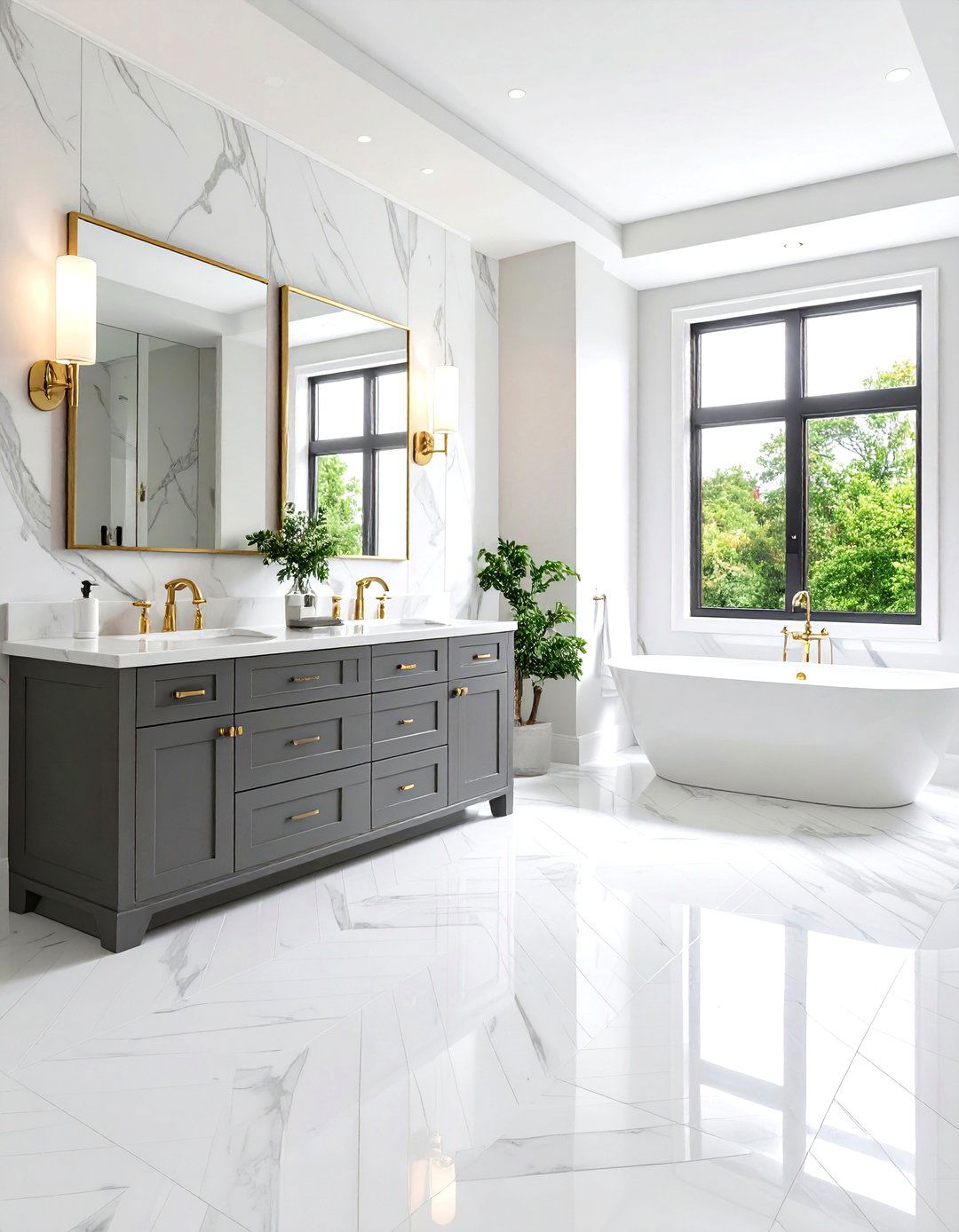 Marble Herringbone Floors with Grey Vanity - 24 Grey and White Bathroom Ideas