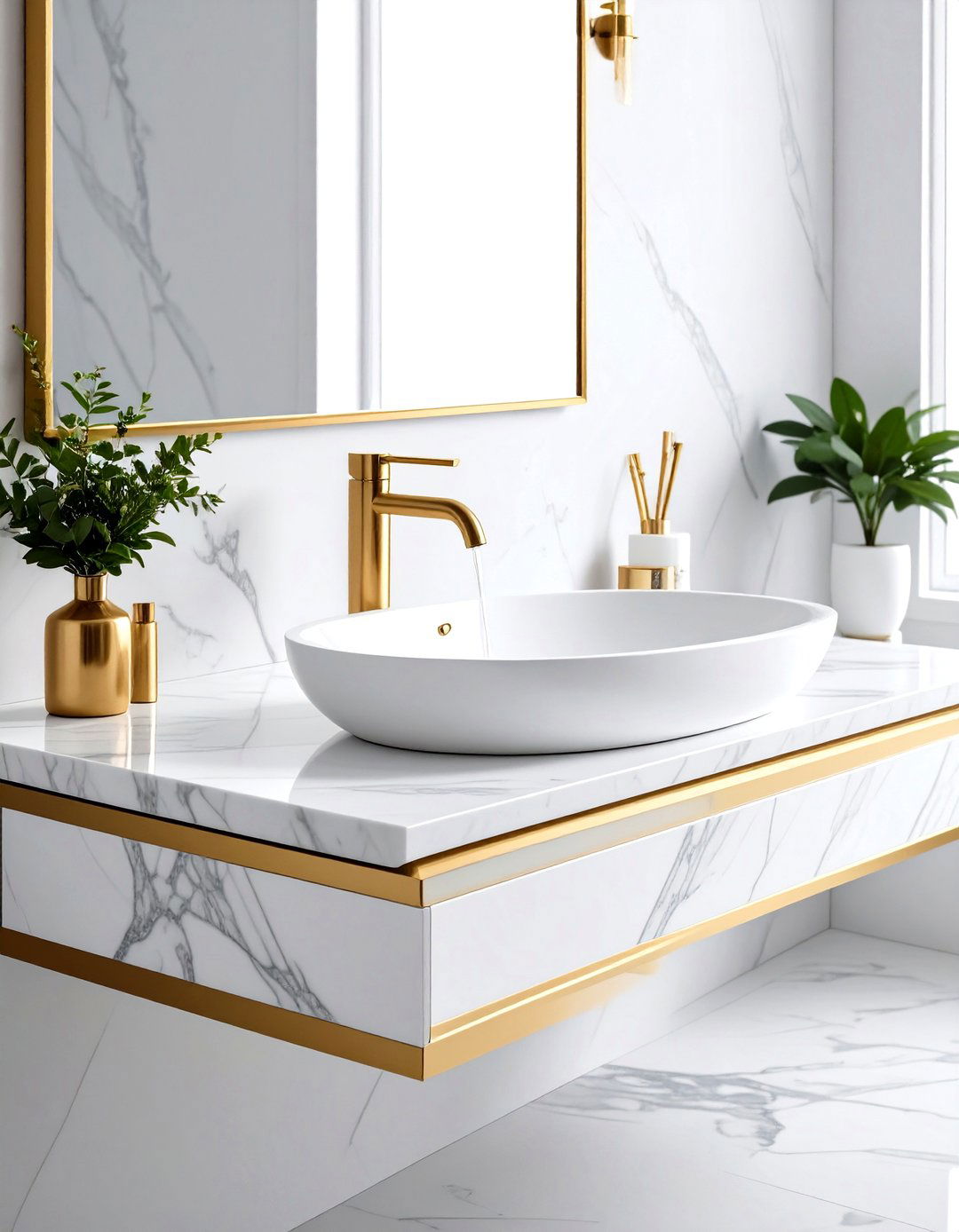 Marble Integrated Sink with Gold Hardware - 24 Small Bathroom Sink Ideas
