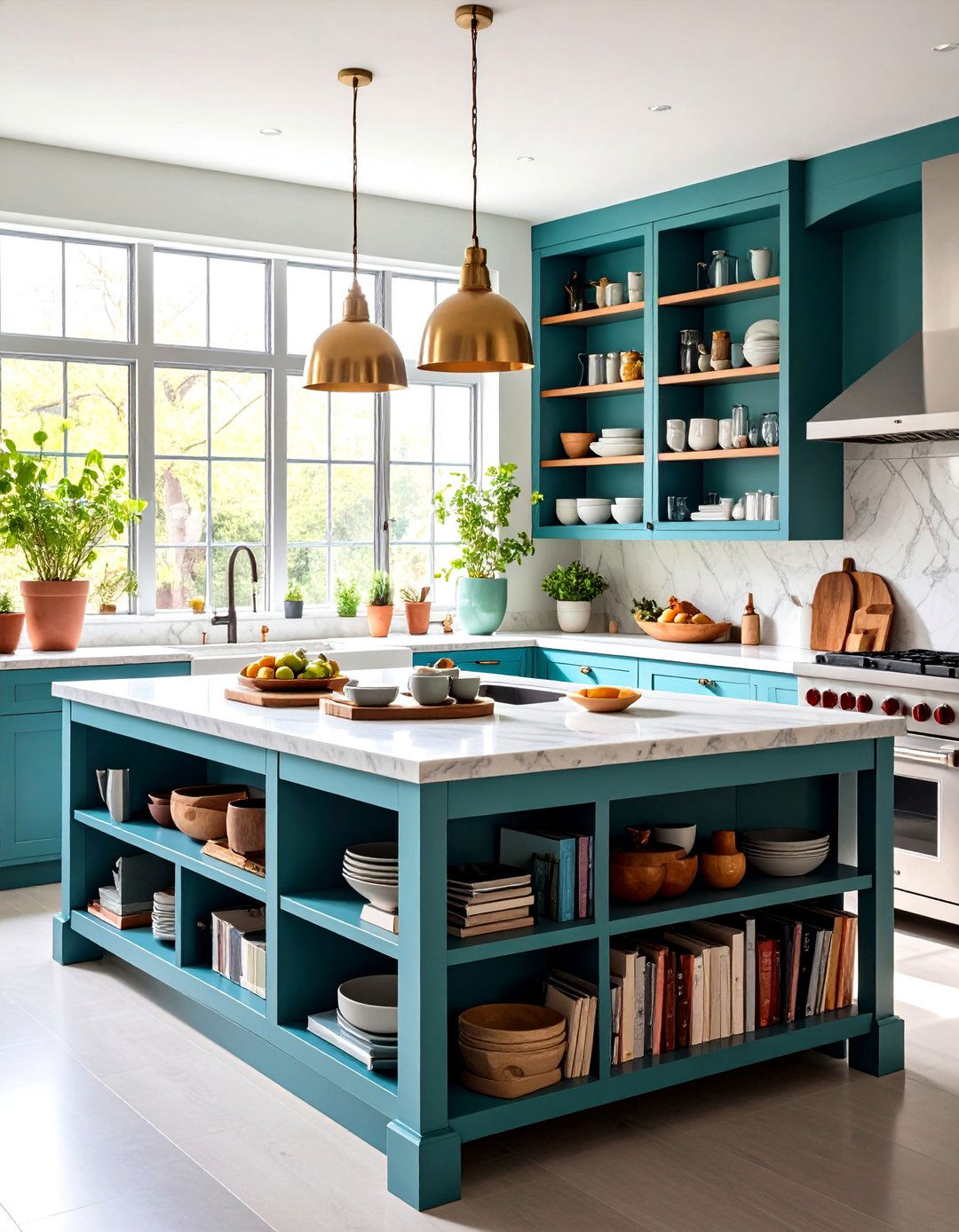 Marble Island with Open Shelving - 24 Marble Kitchen Island Ideas