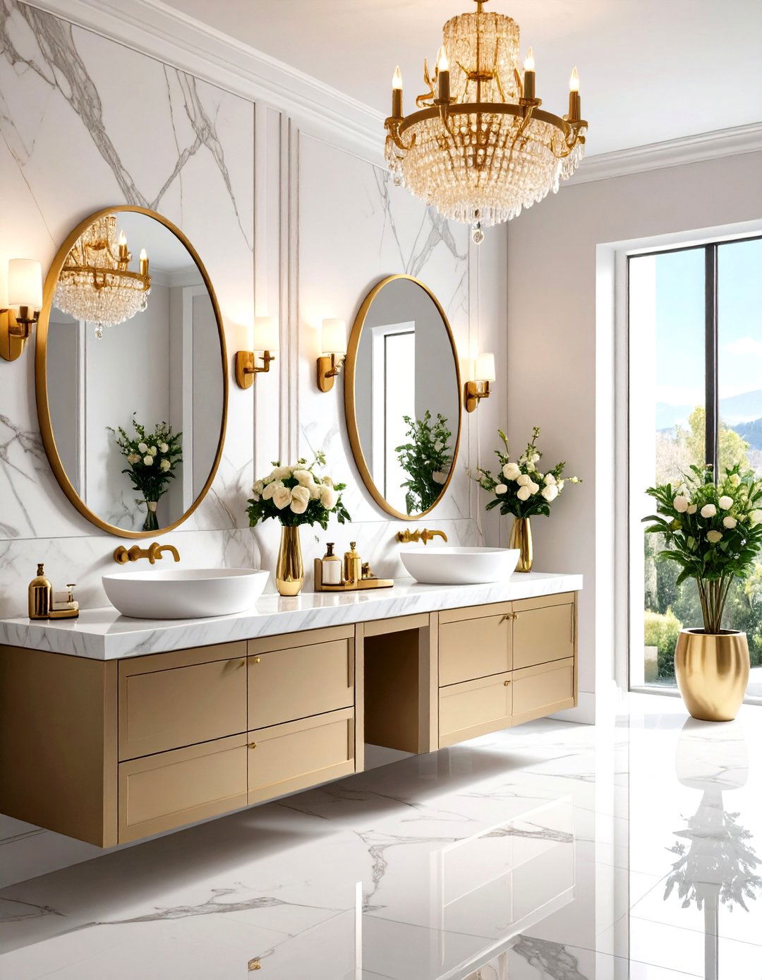 Marble Luxury Powder Room with Gold Hardware Details - 24 Powder Room Ideas