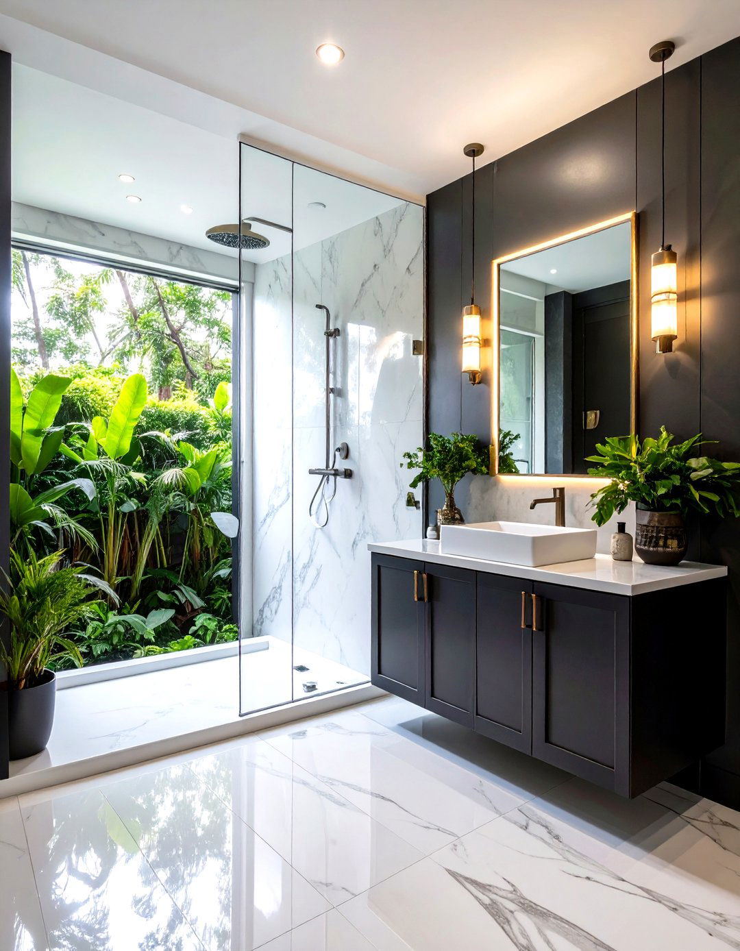 Marble Shower Surround with Contrasting Vanity - 24 Grey and White Bathroom Ideas
