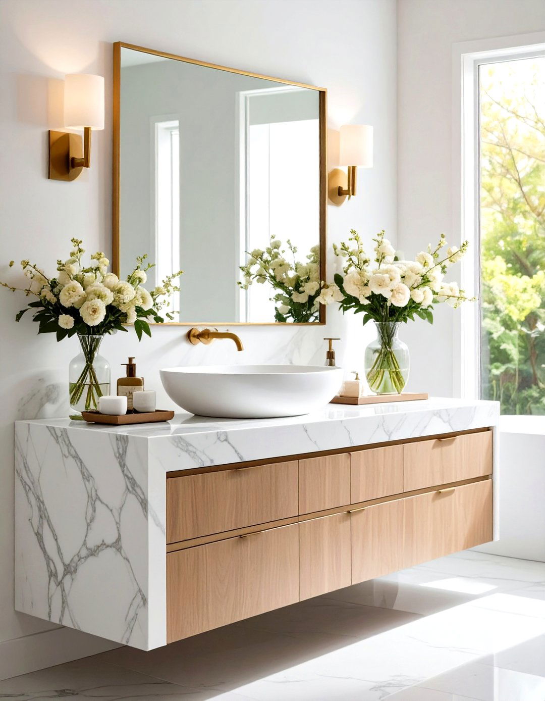 Marble Top Vanity with Waterfall Edge Detail - 24 Small Bathroom Vanity Ideas