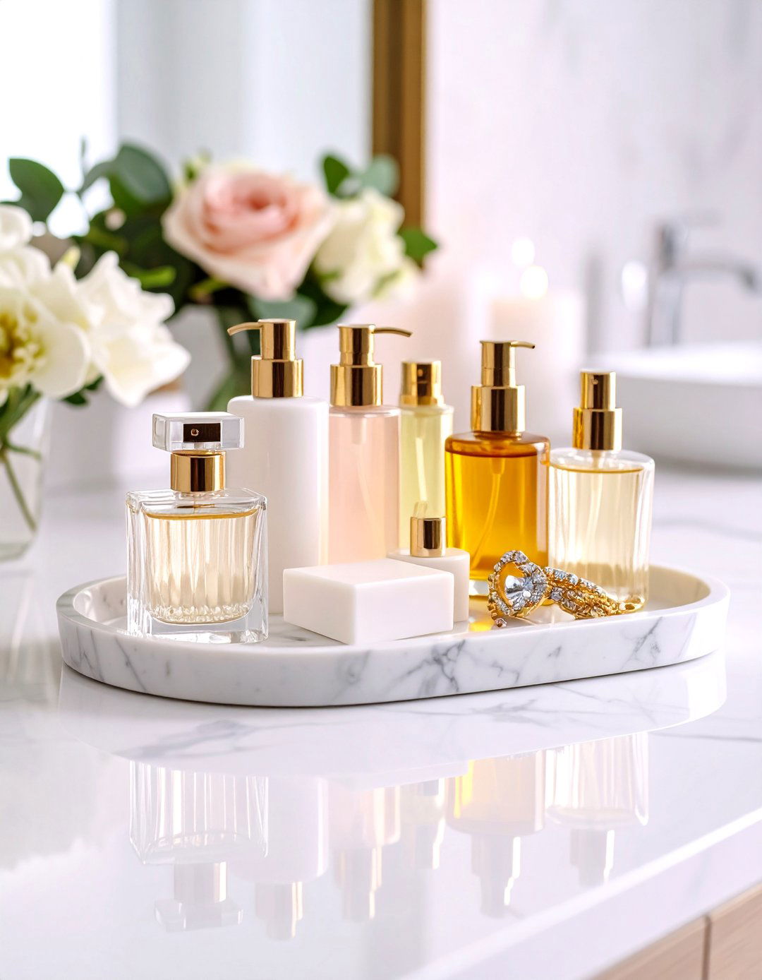 Marble Vanity Tray Organization - 24 Bathroom Counter Organization Ideas