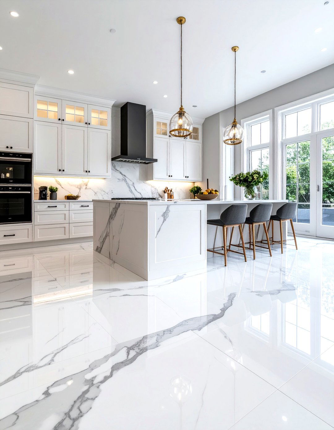 Marble Veined Large Slab Kitchen Flooring - 24 Kitchen Floor Ideas