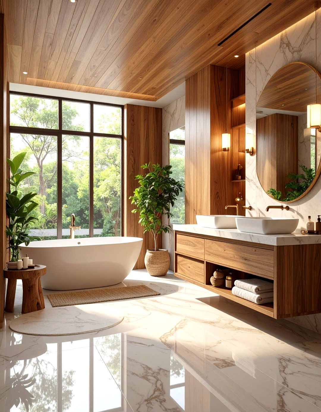Marble and Wood Spa Bathroom Harmony - 24 Marble Bathroom Ideas