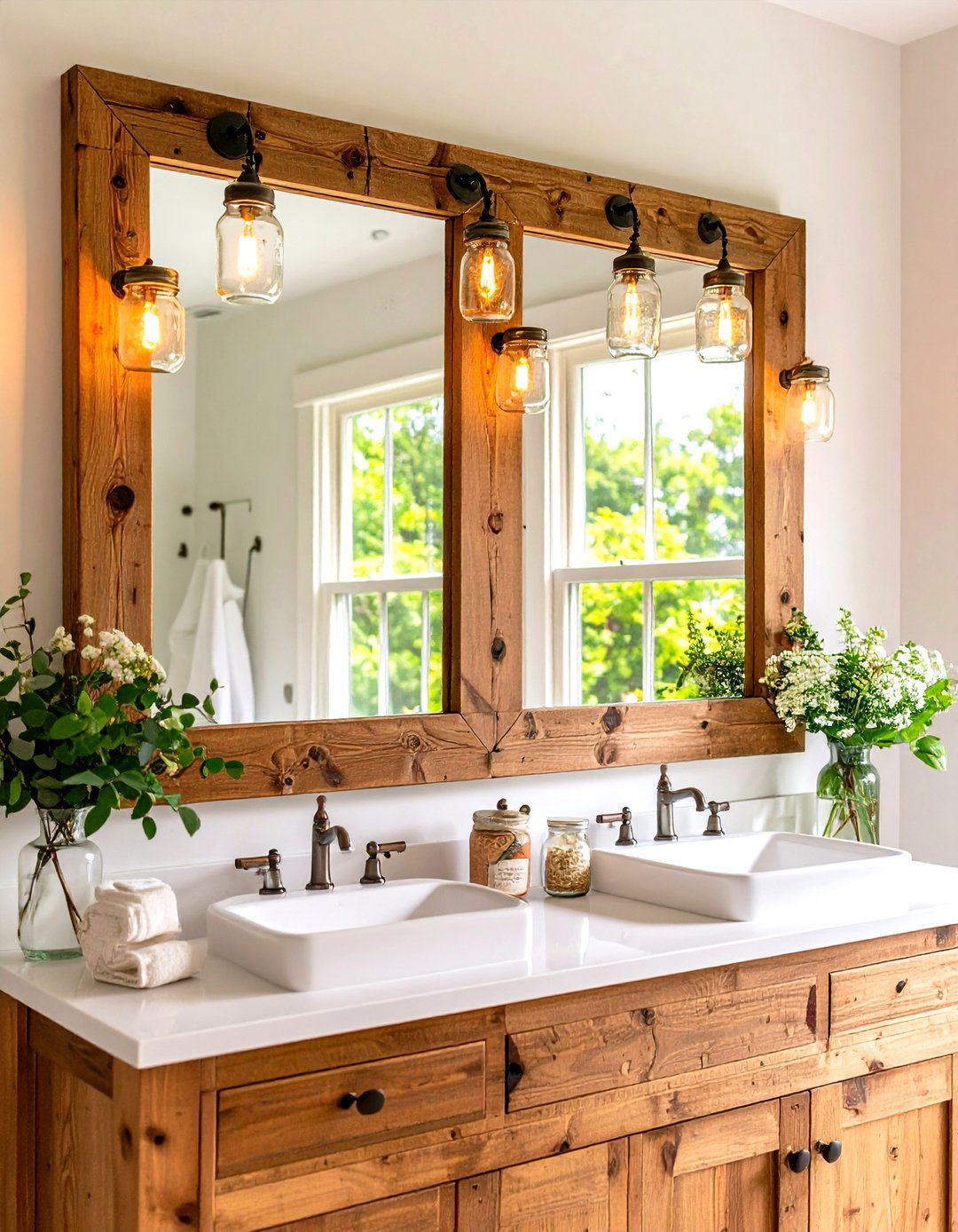 Mason Jar Accent Framed Mirrors - 24 Farmhouse Bathroom Mirrors Ideas