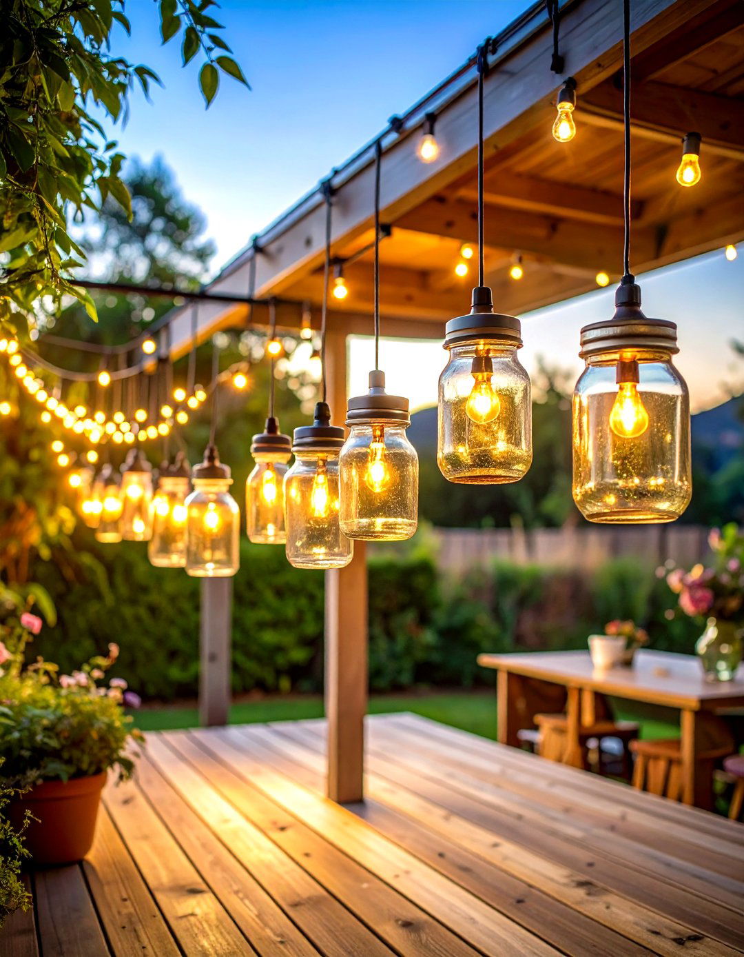 Mason Jar Rustic Hanging Clusters - 24 Covered Patio Lighting Ideas