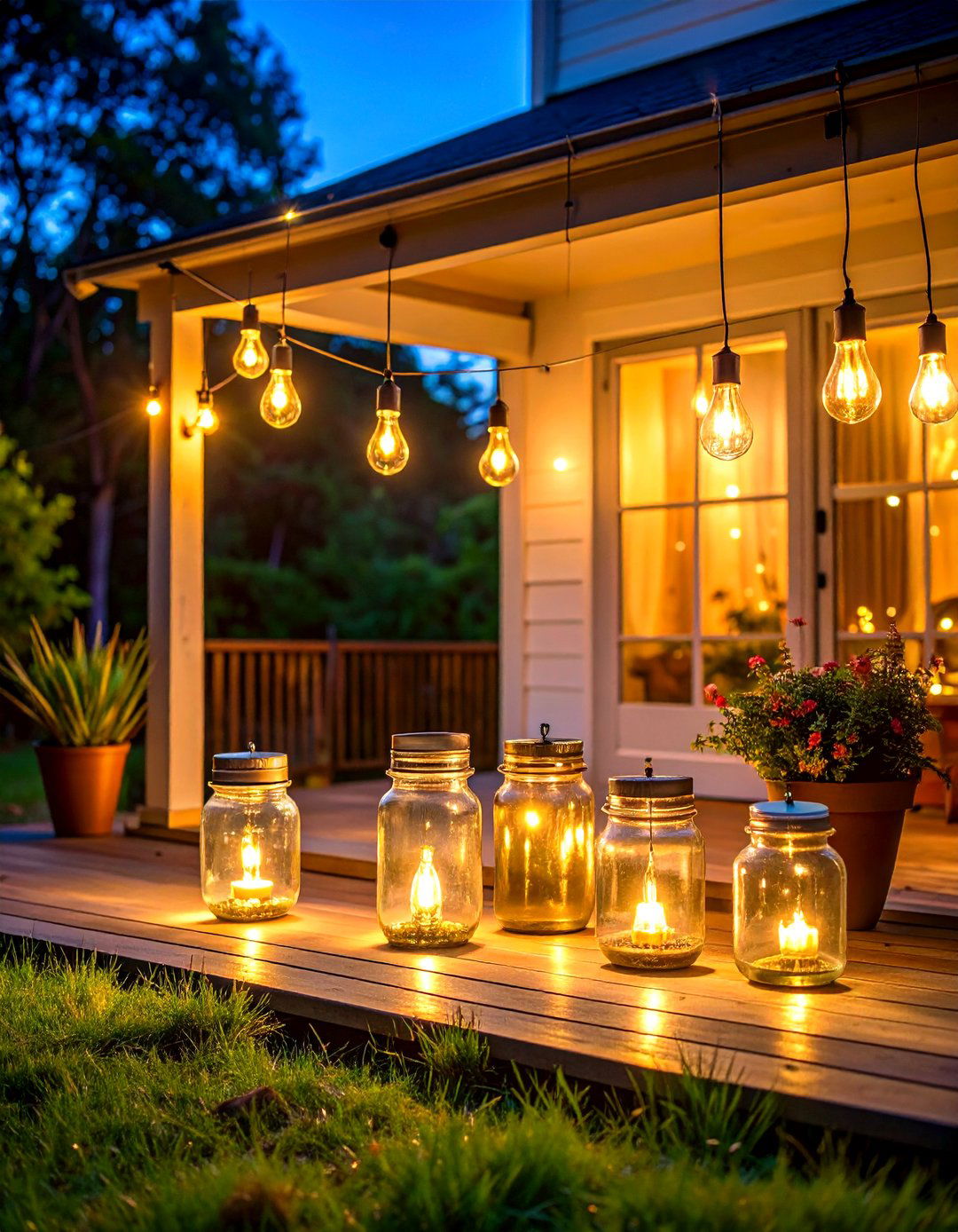 Mason Jar String Light Display - 24 Rustic Porch Ideas