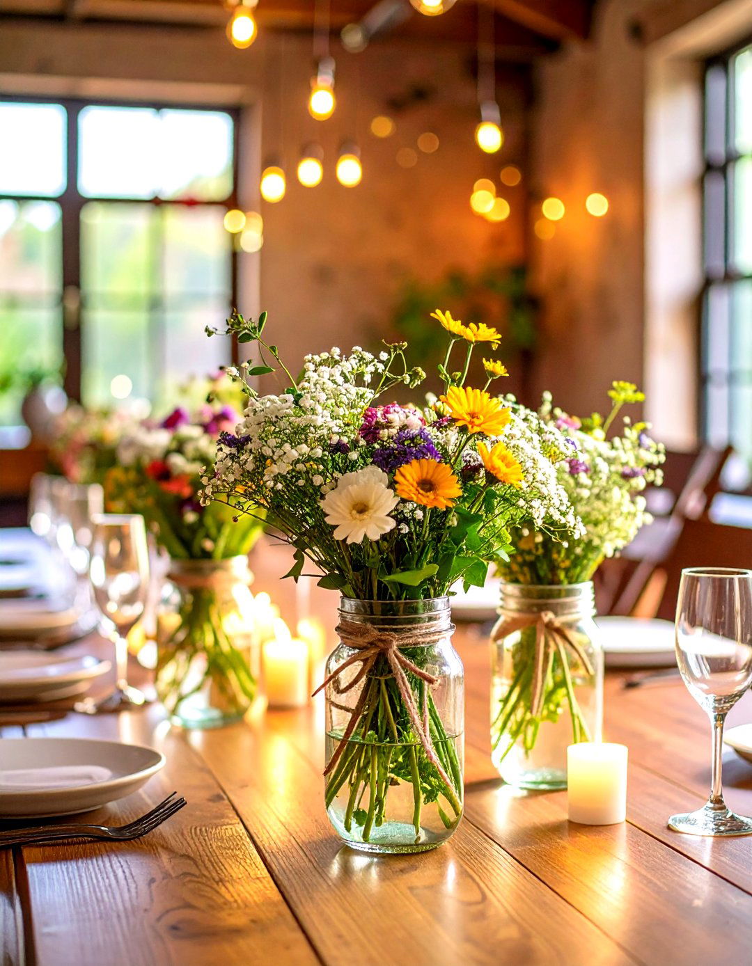Mason Jar Wildflower Bouquets - 24 Rehearsal Dinner Centerpiece Ideas