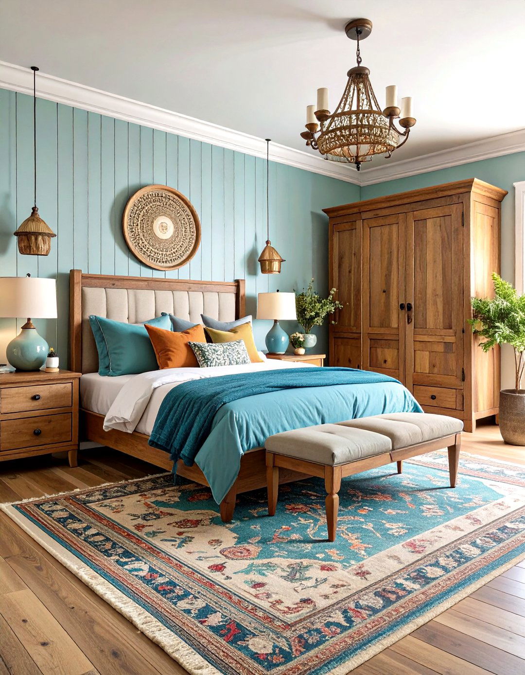 Master Bedroom with Vintage Wardrobe and Seating Area - 24 Farmhouse Decor Ideas