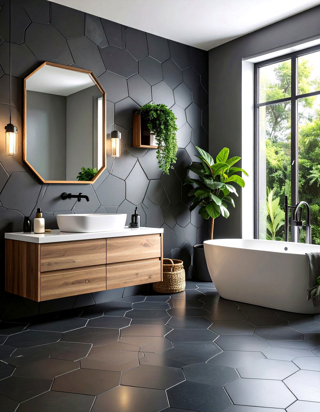 Matte Black Hexagon Floors for Modern Bathrooms - 24 Bathrooms With Hexagon Tile Floors