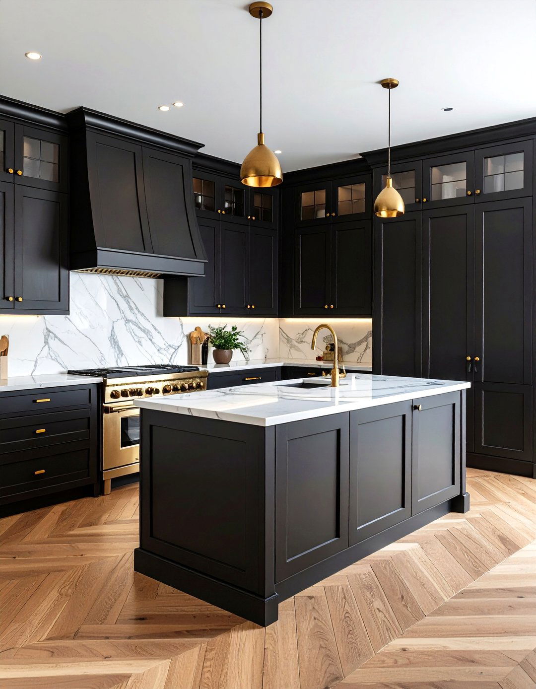 Matte Black Shaker Cabinets with Marble Countertops - 24 Dark Kitchen Ideas