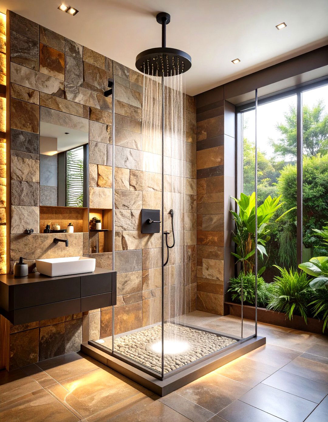 Matte Black Shower Fixtures with Brown Natural Stone - 24 brown and black bathroom ideas