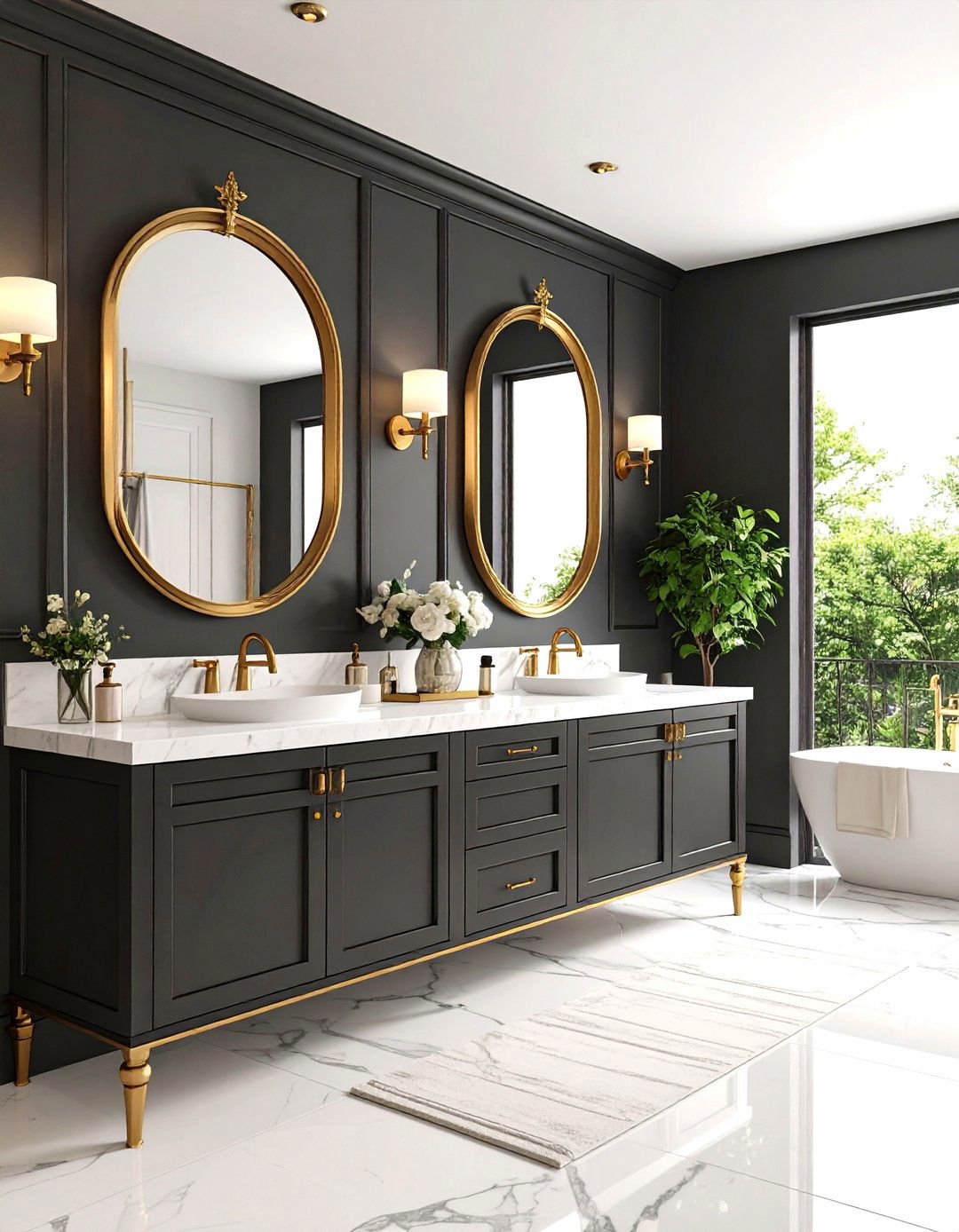Matte Black Walls with Brass Accents - 24 black powder room ideas