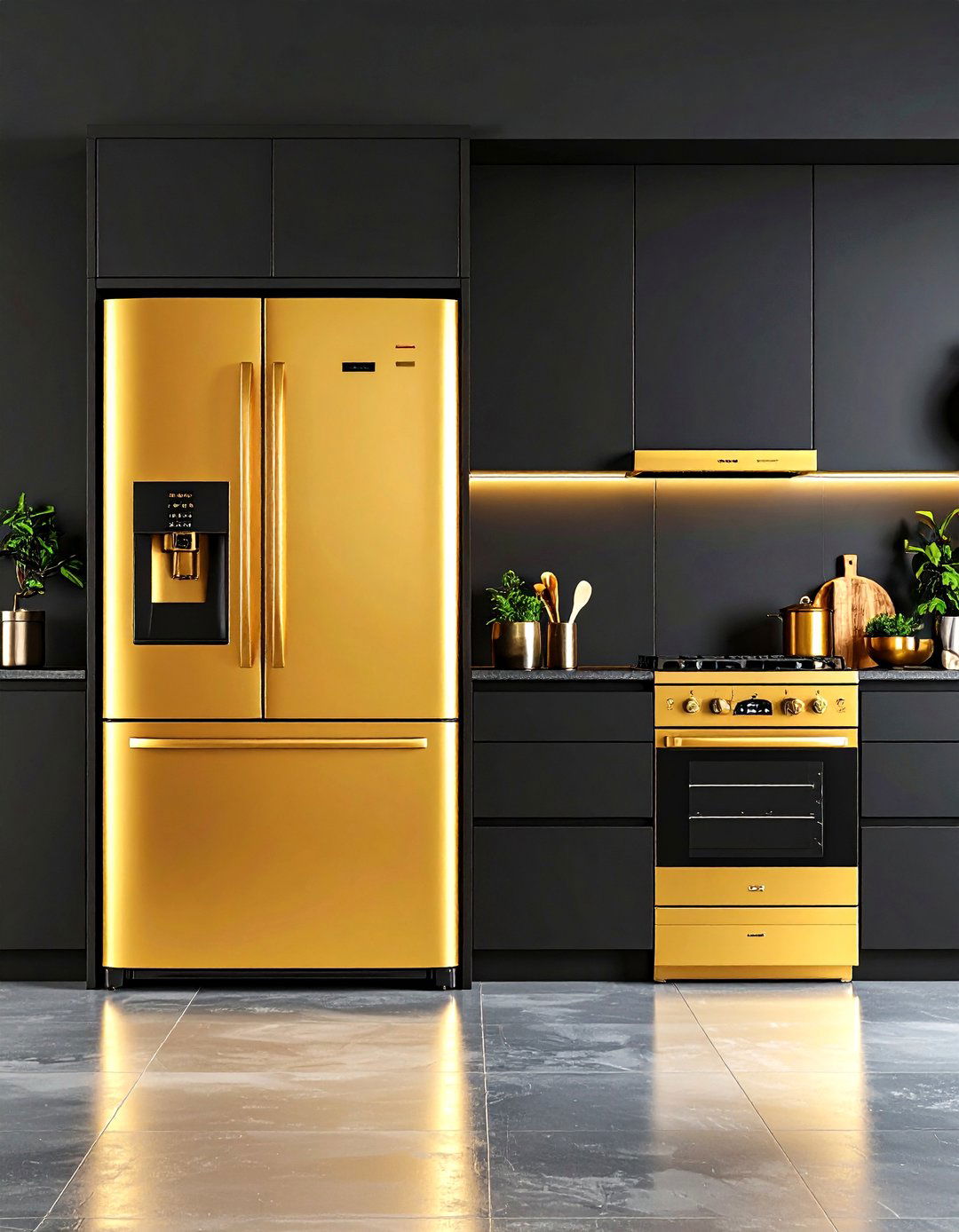 Matte Gold Kitchen Appliances with Black Cabinetry - 24 Black and Gold Kitchen Ideas