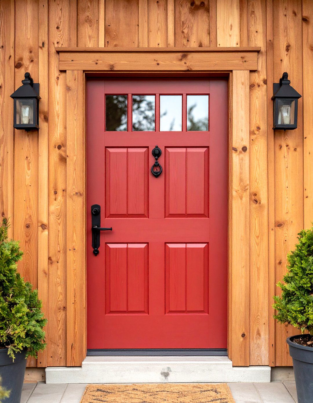 Matte Oxblood Farmhouse Door with Vertical Planks - 24 Dark Red Front Door Ideas