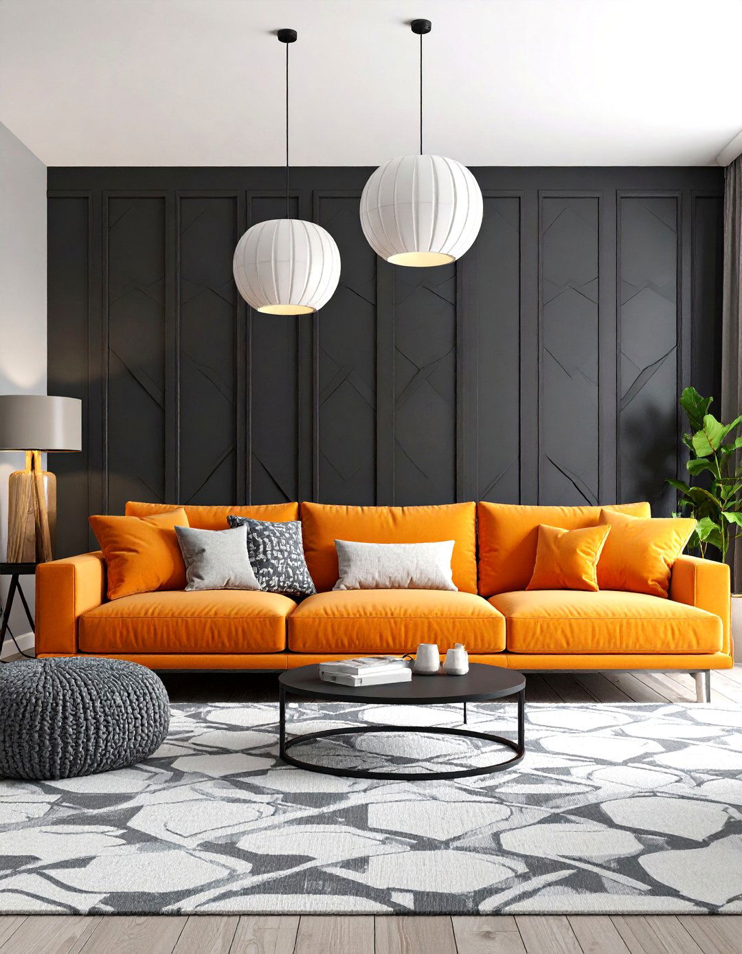 Maximalist Black Pattern and Orange Burst Living Room - 24 Black and Orange Living Room Ideas