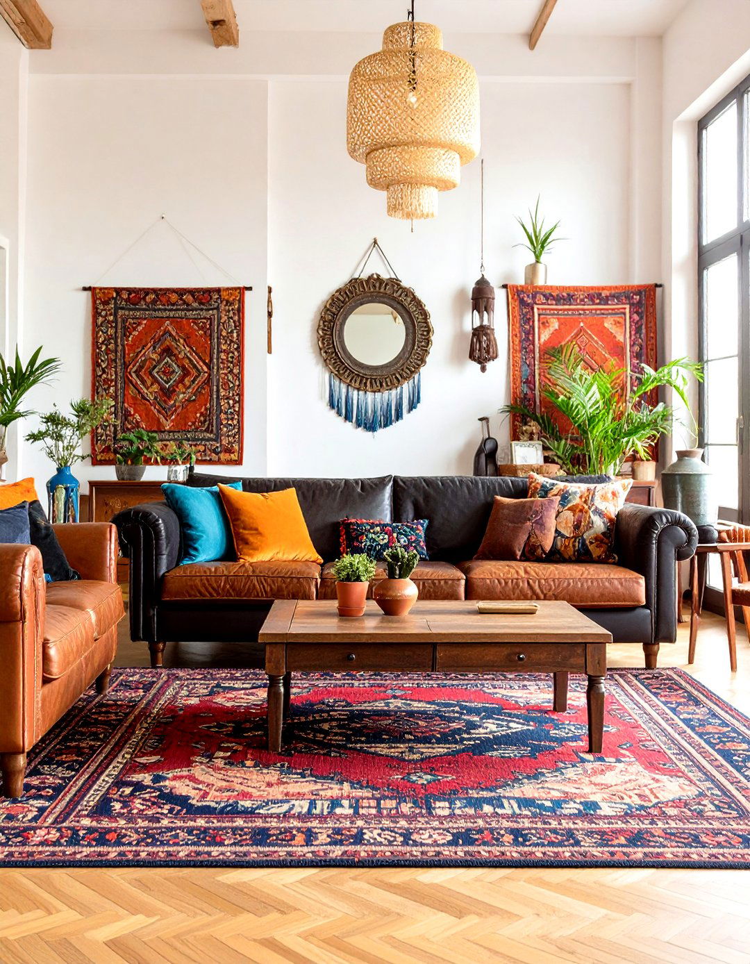 Maximalist Black Velvet and Brown Leather Bohemian - 24 Black and Brown Living Room Ideas