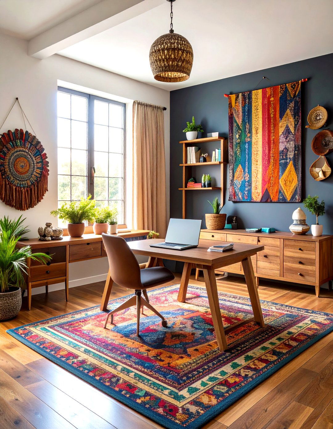 Maximalist Dark Rainbow Office with Global Textiles - 24 dark home office design ideas