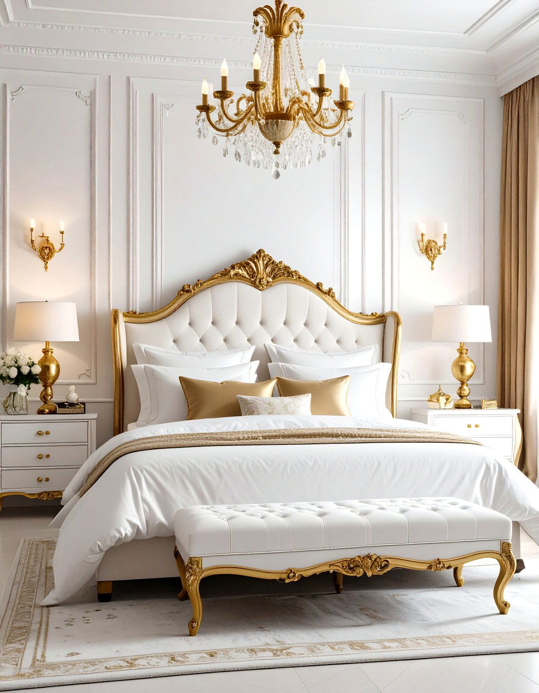 Maximalist White Bedroom with Bold Gold Statements - 24 White and Gold Bedroom Ideas