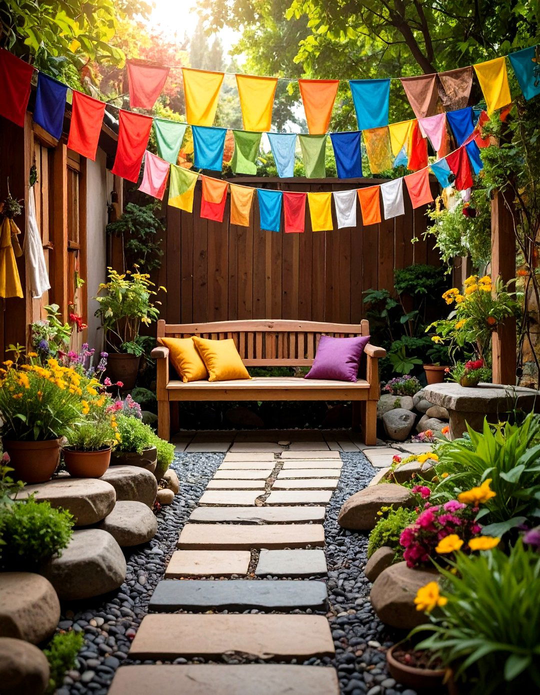 Meditation Garden Nook with Prayer Flags - 24 Garden Nook Ideas