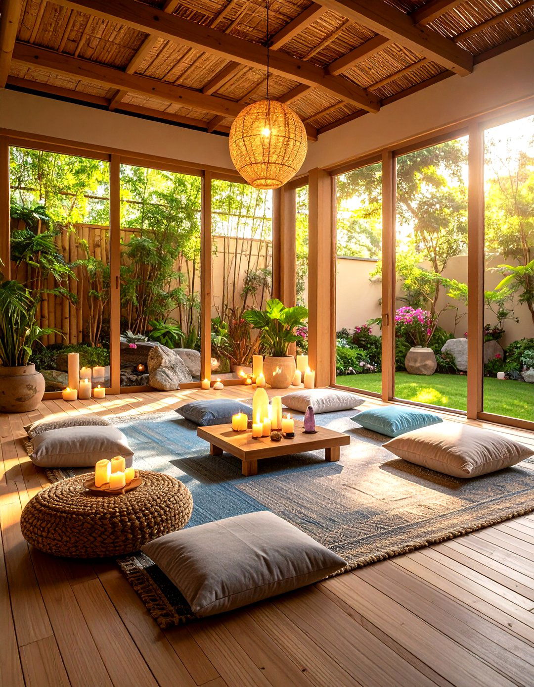 Meditation Sunroom with Spiritual Elements and Natural Materials - 24 Sunroom Ideas