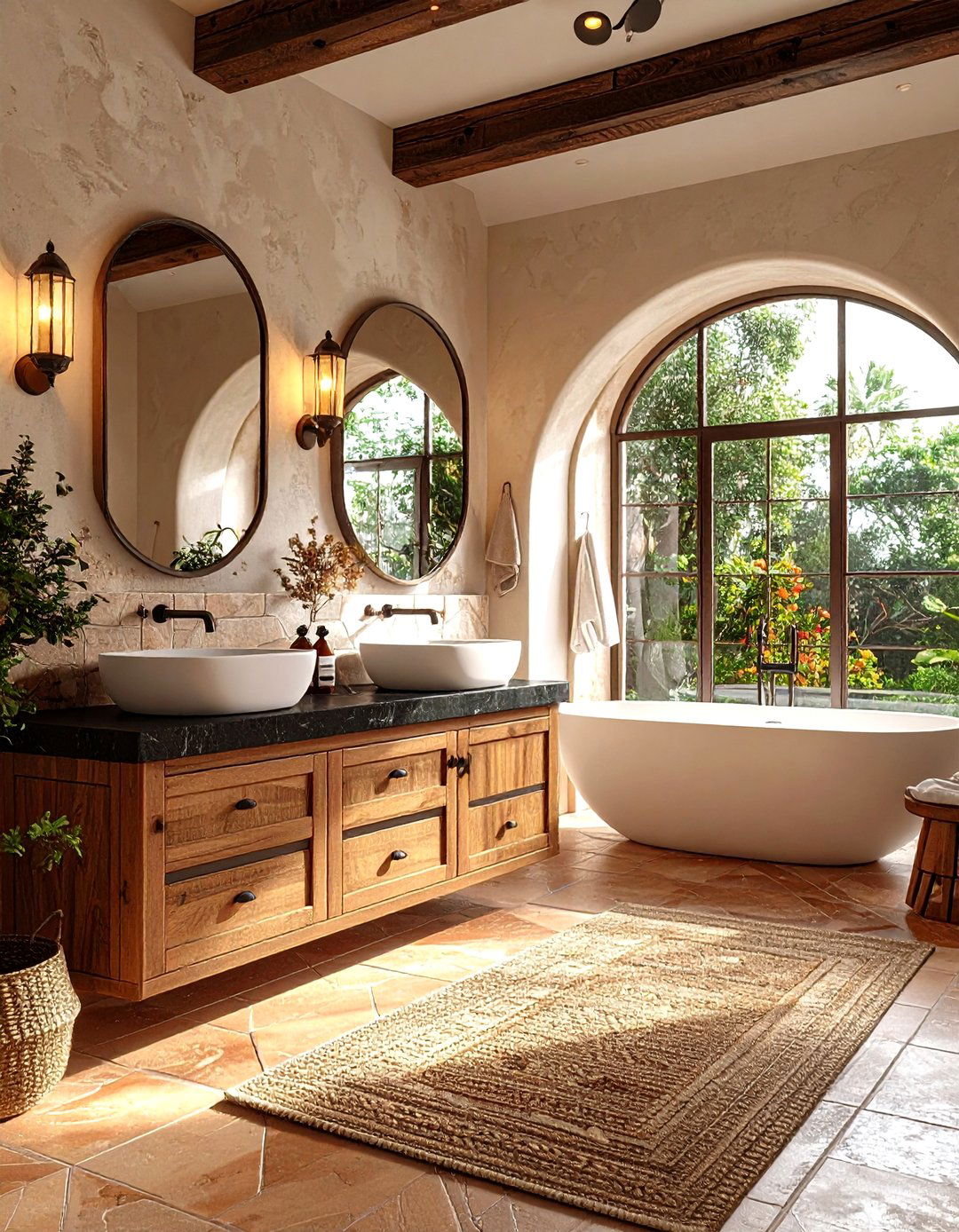 Mediterranean Black Stone with Warm Woods - 24 bathroom with black countertops ideas