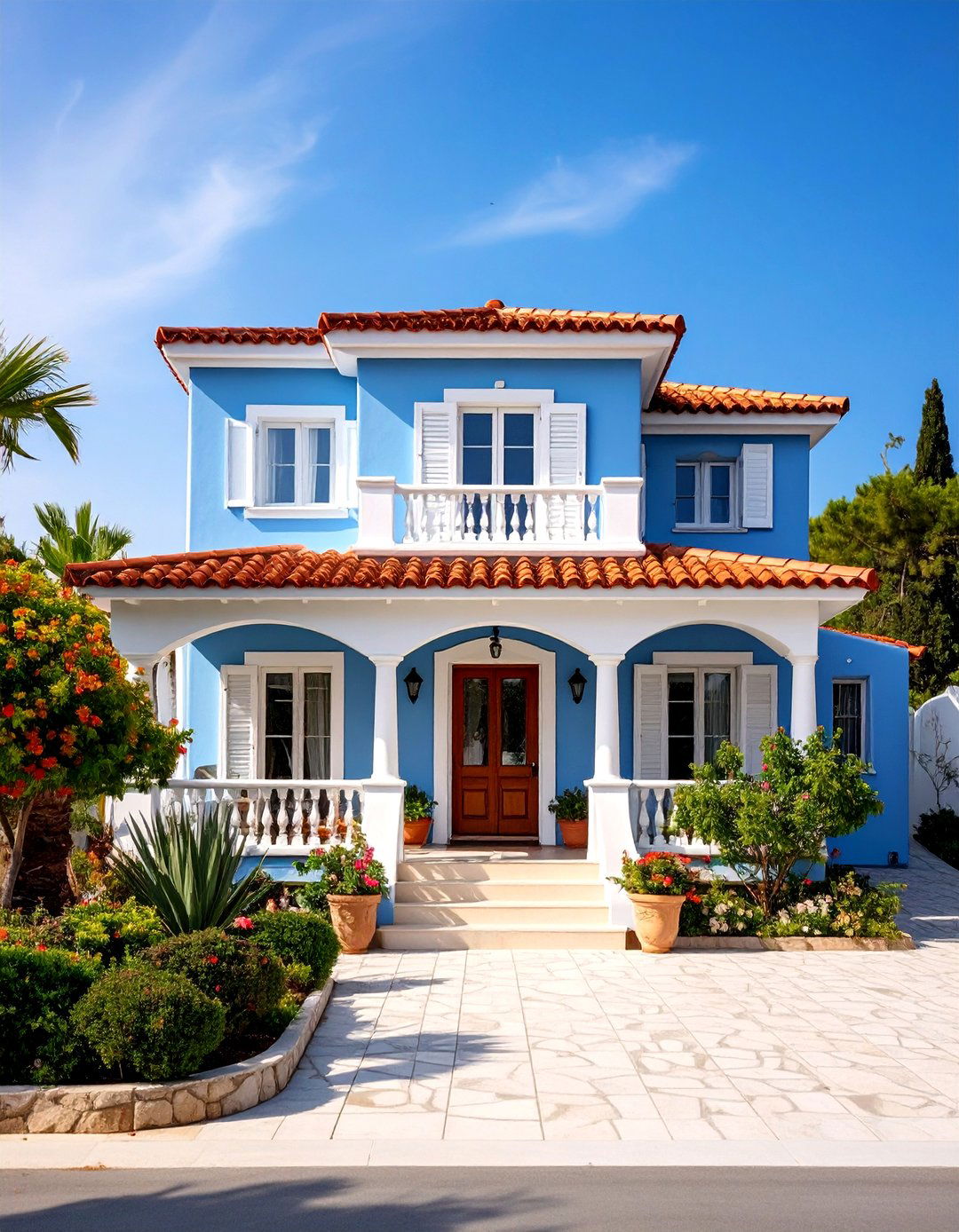 Mediterranean Blue Stucco with White Trim - 24 Mediterranean House Exterior Ideas