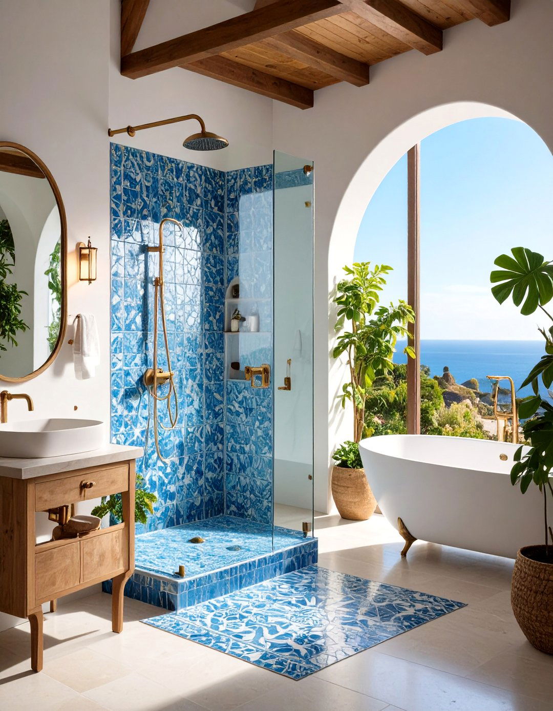 Mediterranean Blue and White Mosaic Shower - 24 Bathroom Shower Ideas