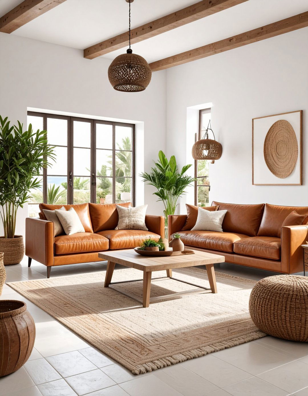 Mediterranean Brown Leather Courtyard Style - 24 Brown Leather Couch Living Room Ideas