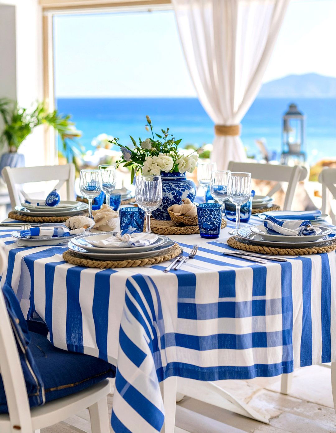 Mediterranean Coastal Style with Blues and Whites - 24 Round Table Decor Ideas