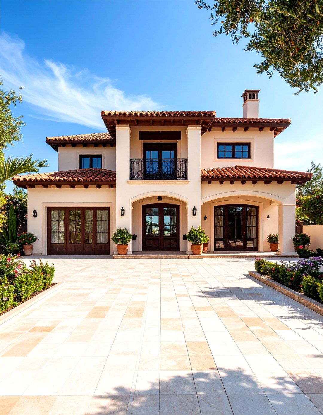 Mediterranean Cream Stucco with Brown Tile Accents - 24 Cream and Brown House Exterior Ideas
