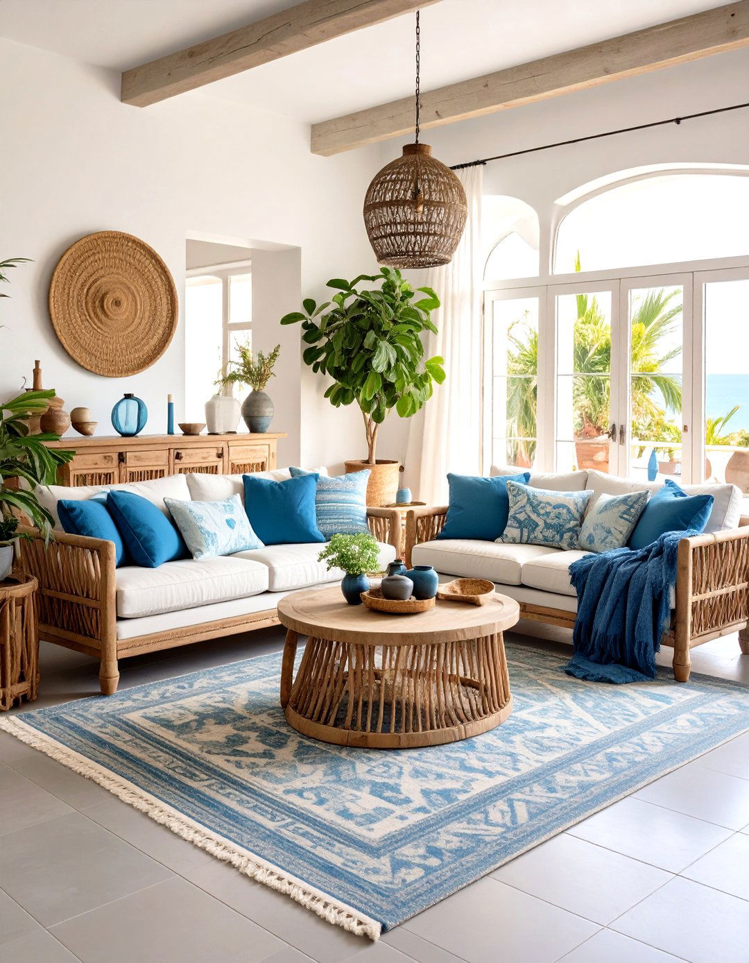 Mediterranean Grey Tile Floor with Ocean Blue Walls - 24 grey floor living room with blue walls ideas